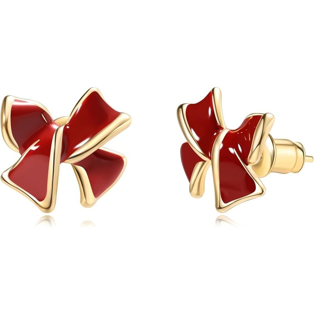 Bow Enamel 14K Gold Plated Stud Small Earrings for Women | 925 Sterling Silver
